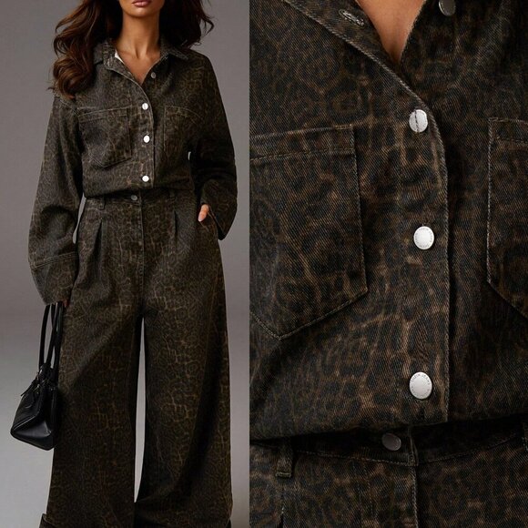 Casual Women's leopard Long Sleeve Button Pocketed Wide Leg jumpsuit - Picture 2 of 6